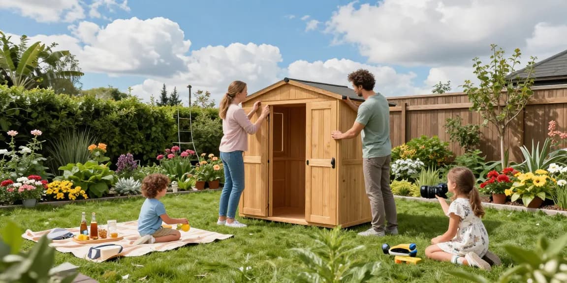 Gartenhaus kaufen: Familie genießt den Aufbau eines Gartenhauses von McGarden24 im sonnigen Garten.