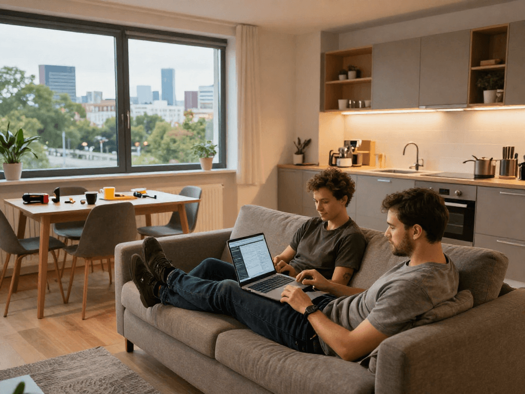 Gemütliche Monteurwohnung Hannover mit Arbeitern im Entspannungsbereich und moderner Küchenausstattung.