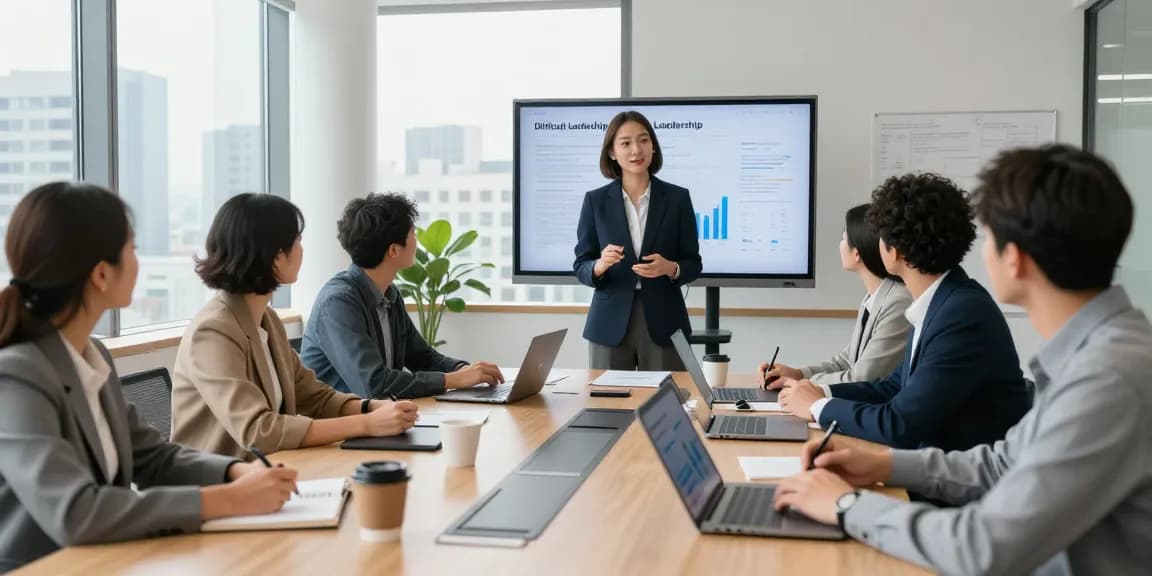 Professionals diskutieren über schwierige Führungskräfte in einem modernen Konferenzraum mit Datenanalysen.