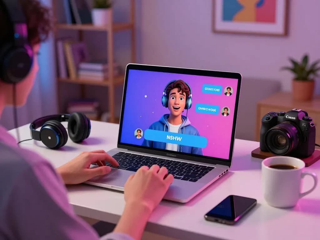 Engaging NSFW chat bot interaction in a cozy tech-savvy room