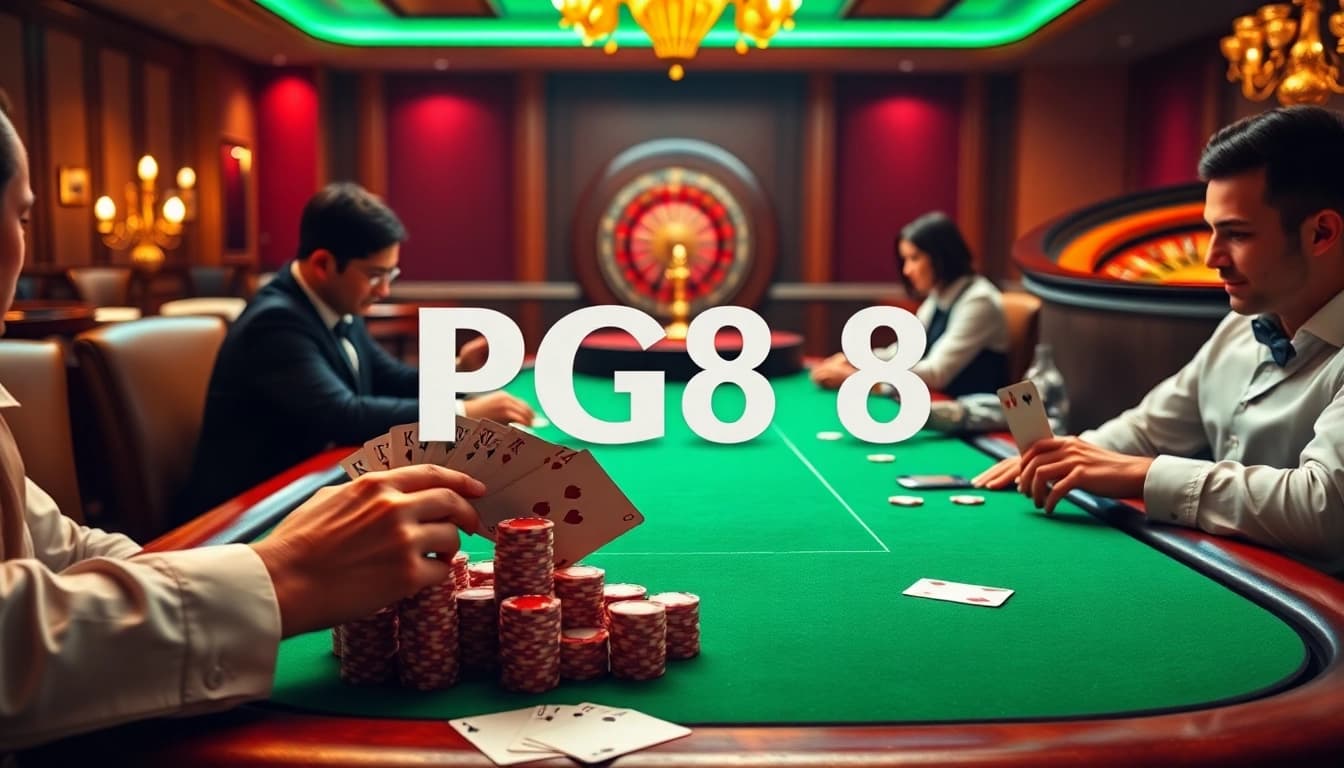 Engaged players strategizing at a luxurious PG88 poker table with vibrant chips and cards.
