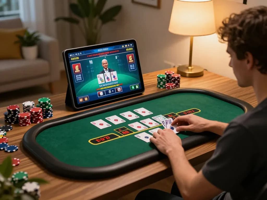 Player engaging in live blackjack at Trang chủ F168 with vibrant interface and cozy setup