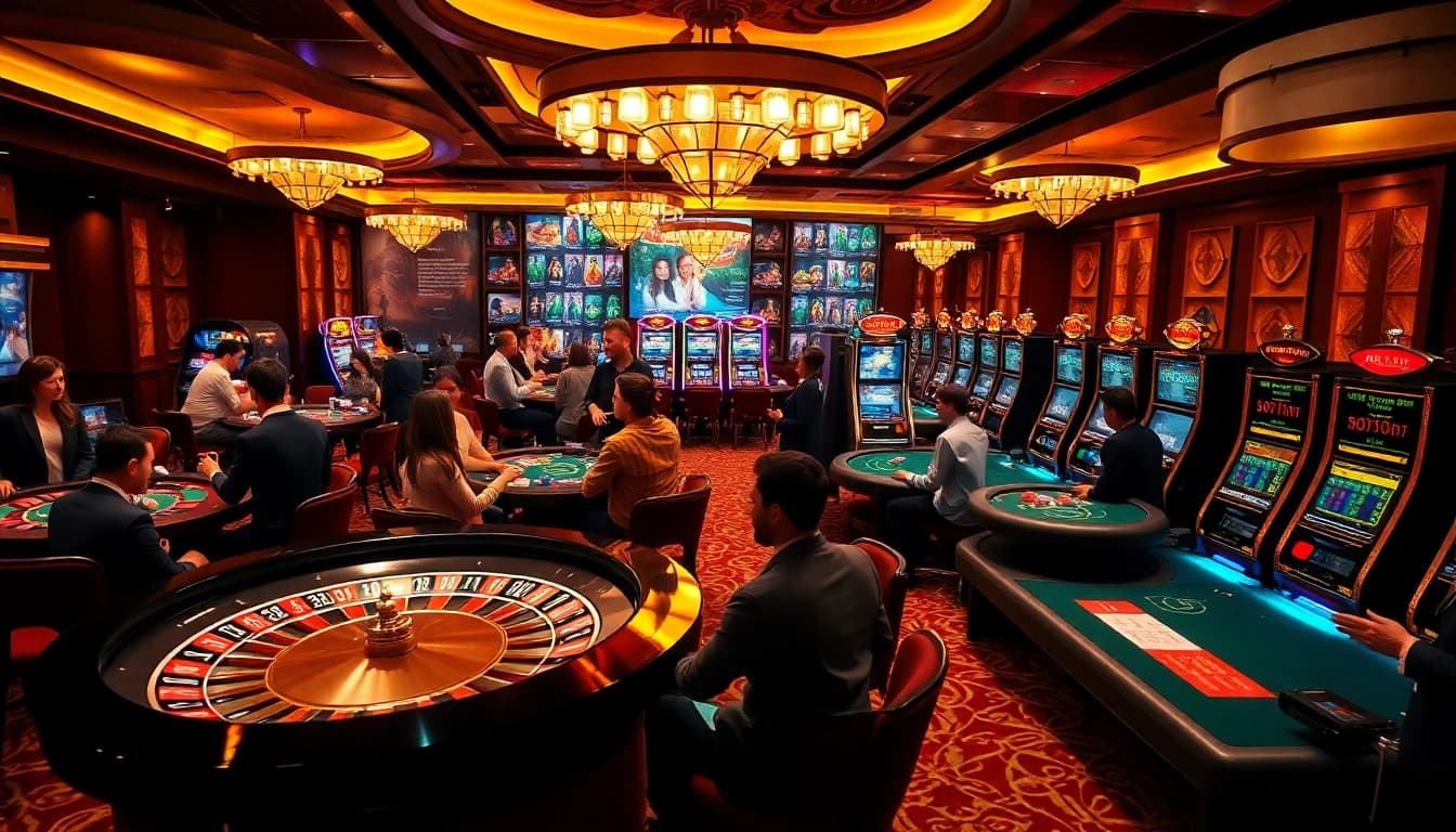 Engaging casino scene highlighting BDTK1 strategies at poker and roulette tables with excited players.