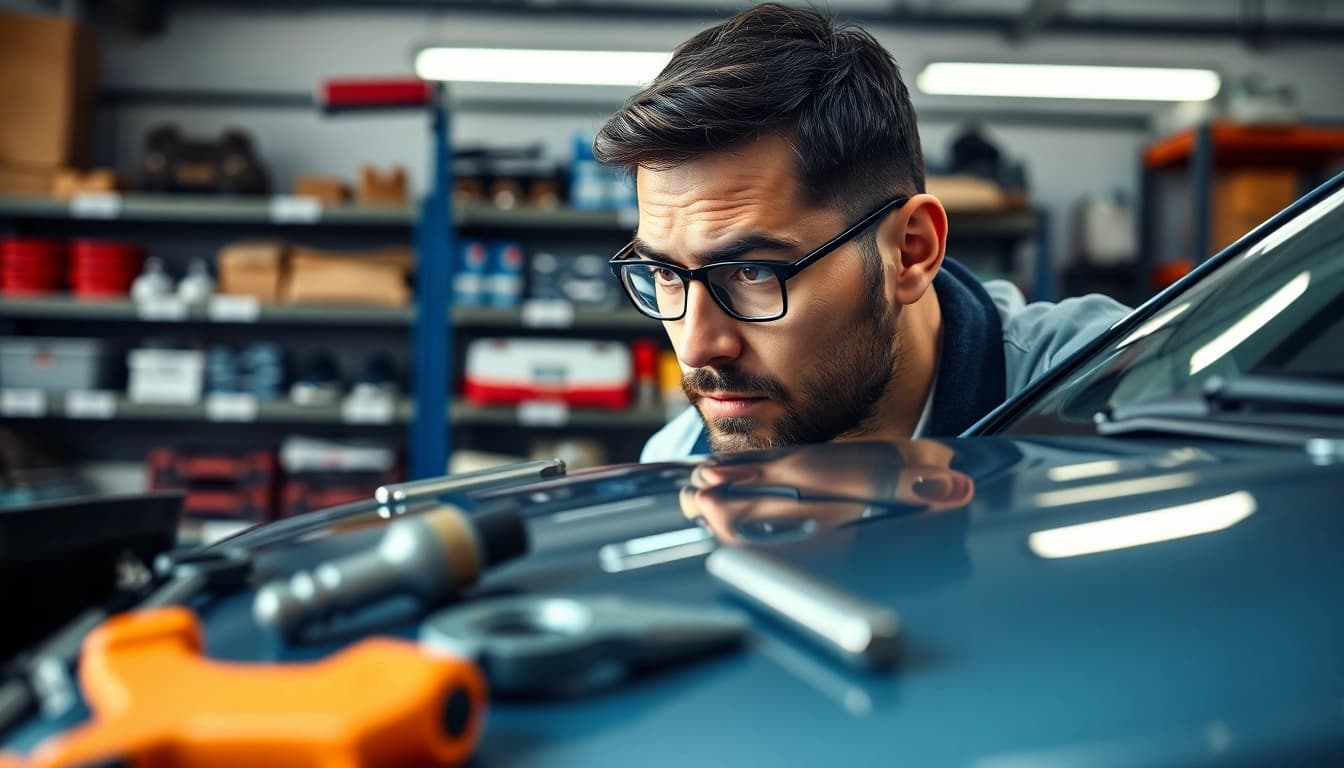Motorschaden Ankauf - Expert assessing damage on a vehicle in a professional setting.