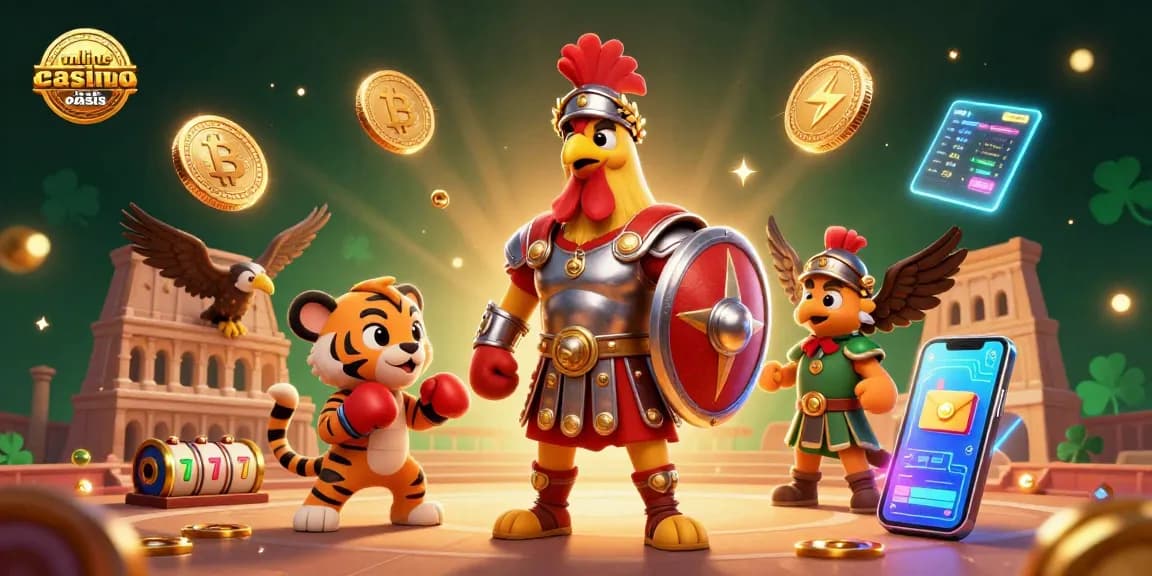 Experience online casino ohne oasis with an engaging 3D scene featuring a gladiator rooster, cryptocurrency coins, and vibrant casino elements.