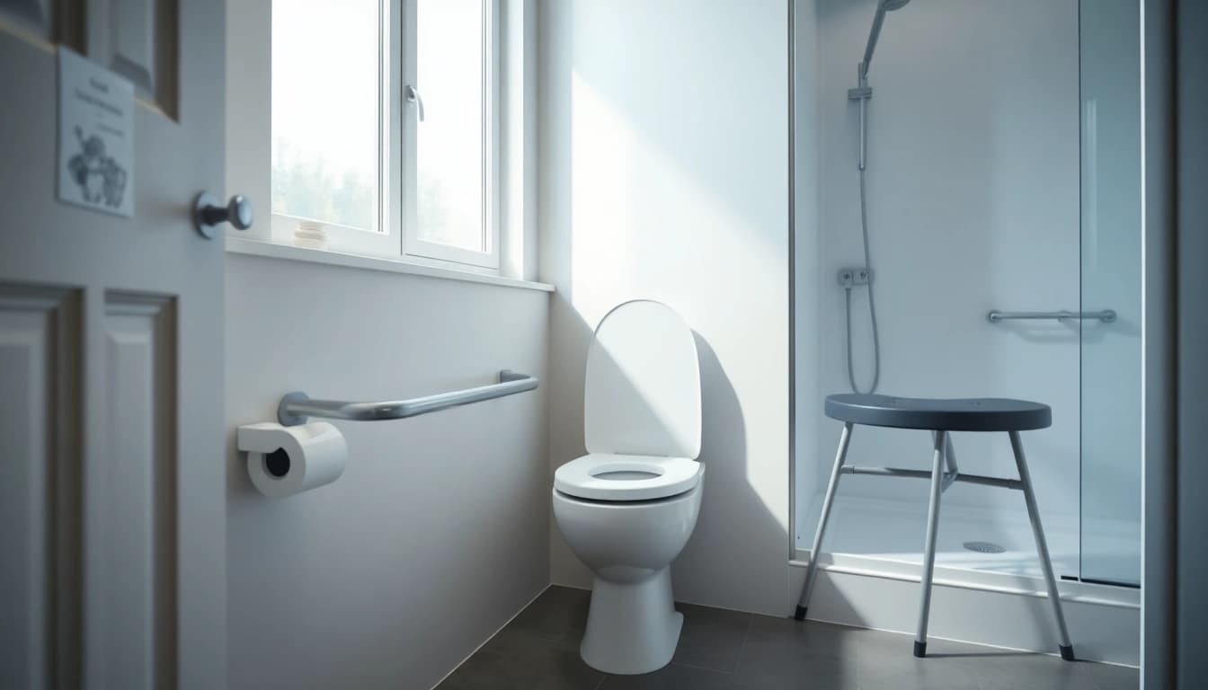Barrierefreie Badezimmer-Accessoires wie Hilfen für Bad und Toilette mit erhöhtem WC-Sitz und Haltegriffen.