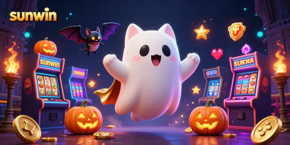 Embrace winning with sunwin in a haunted casino mansion, featuring a ghost cat and dynamic game elements.