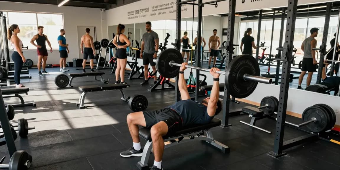 Anabolika Shop: Fitnessatmosphäre mit Bodybuilder, die Gewichte heben und motivierende Zitate an der Wand.