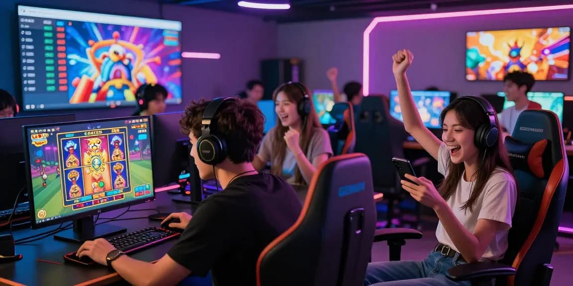 Engaging online gaming scene at https://gemwin.pics/, showcasing diverse players celebrating wins and enjoying interactive games in a vibrant atmosphere.
