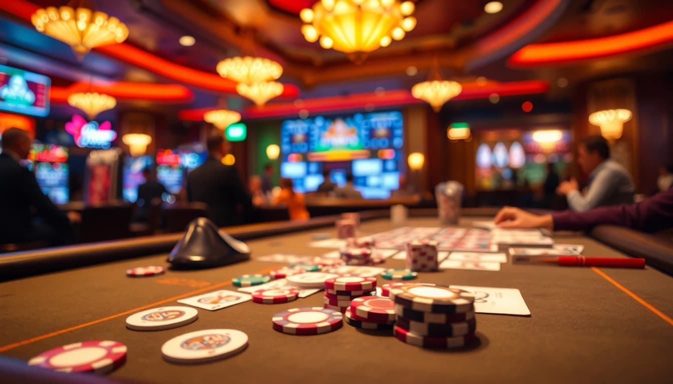 Spieler genießen Casinospiele.de mit Chips und Karten an einem lebhaften Tisch.