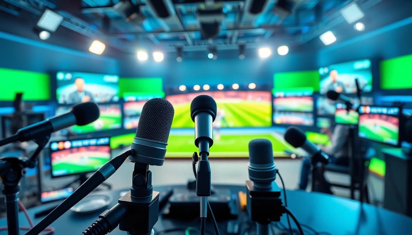 Sports Broadcasting professionals engaging audiences in a vibrant studio setup.