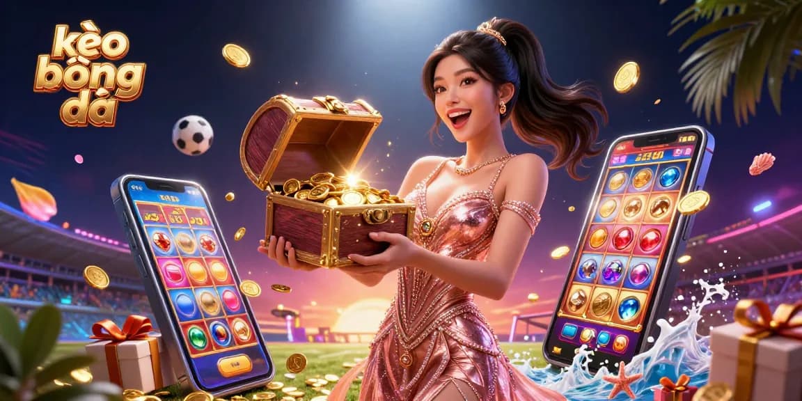 Engage with kèo bóng đá as an Asian woman presents a treasure chest of winnings amidst vibrant gambling elements.