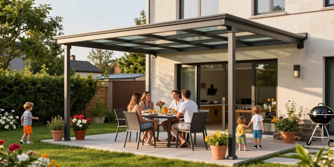 Moderne Terrassenüberdachung mit Familie beim Essen im Freien.
