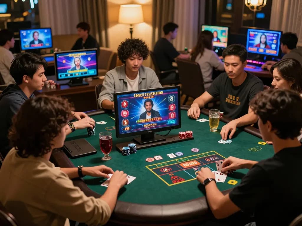 Players engaging in online casino games on various devices in a vibrant TG88-themed gaming environment.