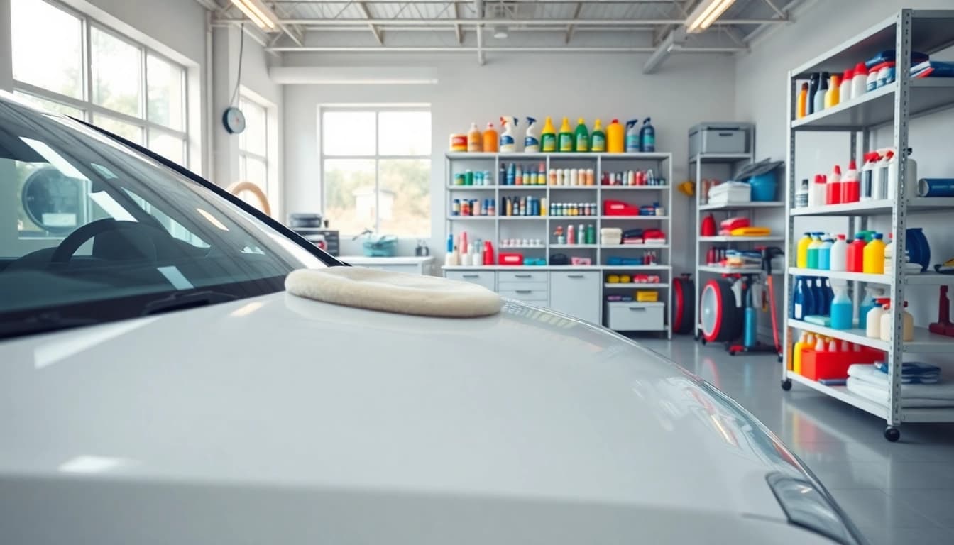 Im Autopflege Shop glänzende Autopflegeprodukte in einem einladenden Raum präsentieren.