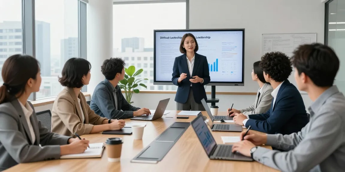 Professionals diskutieren über schwierige Führungskräfte in einem modernen Konferenzraum mit Datenanalysen.