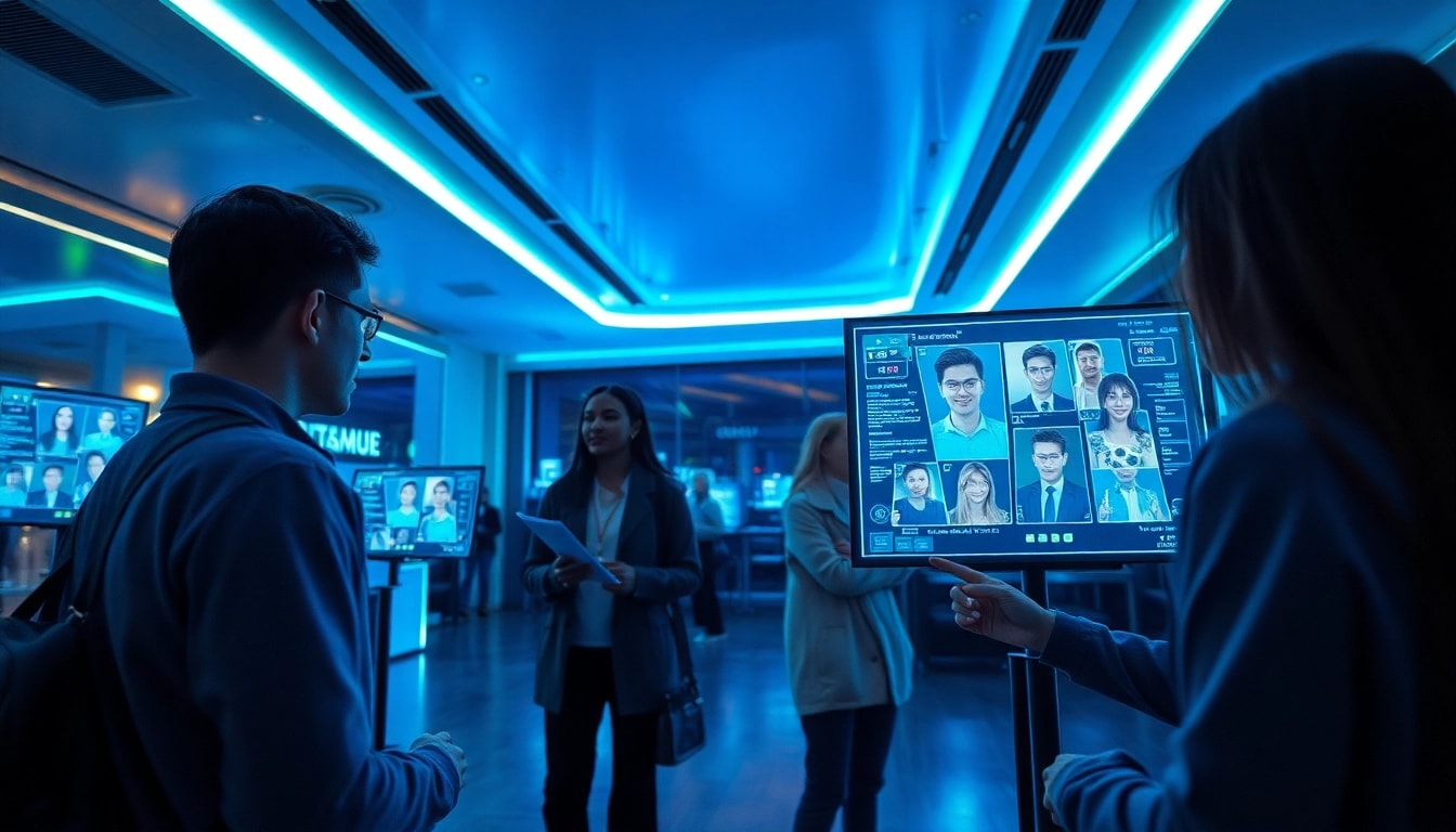 Engaged users aged 18+ interacting with AI technology in a modern, vibrant digital setting.
