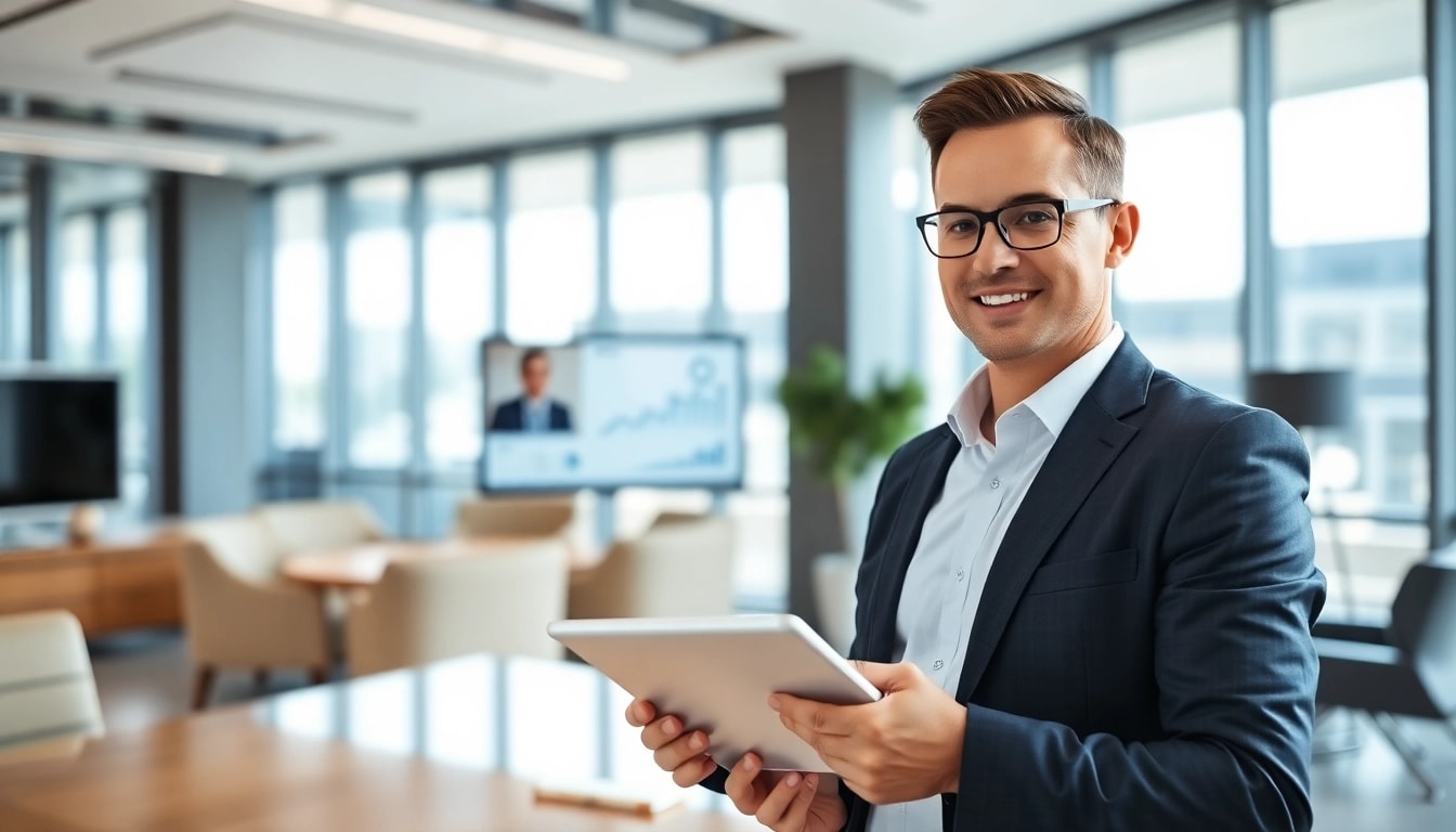 Headhunter Schweiz in an upscale office environment, engaging with clients professionally.