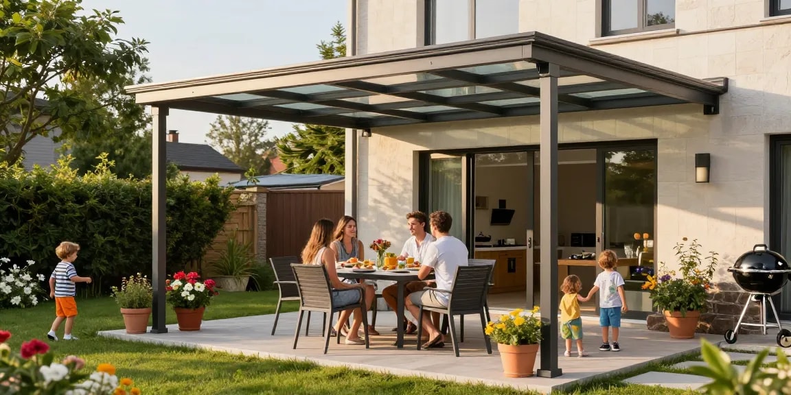 Moderne Terrassenüberdachung mit Familie beim Essen im Freien.
