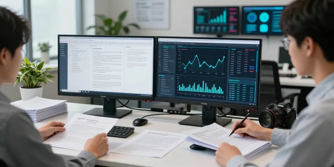 In-depth document fraud detection analysis with a professional reviewing digital forensic data in a high-tech office.
