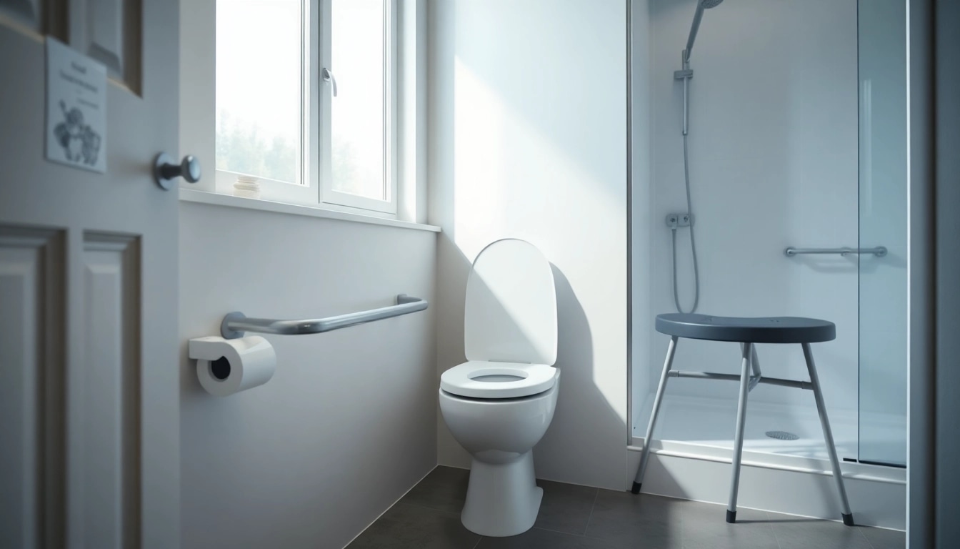 Barrierefreie Badezimmer-Accessoires wie Hilfen für Bad und Toilette mit erhöhtem WC-Sitz und Haltegriffen.