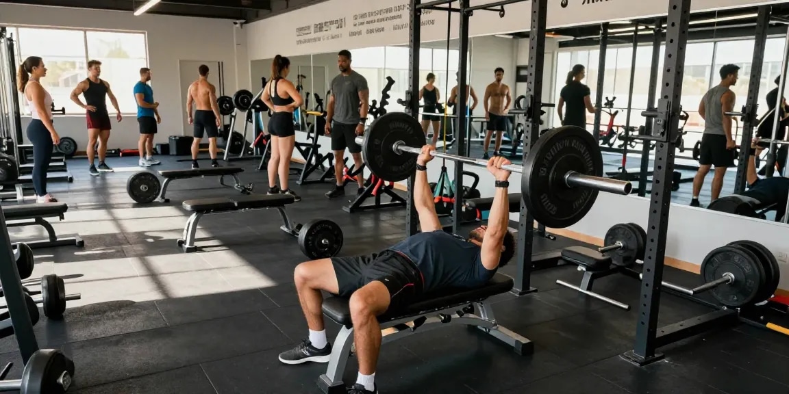 Anabolika Shop: Fitnessatmosphäre mit Bodybuilder, die Gewichte heben und motivierende Zitate an der Wand.