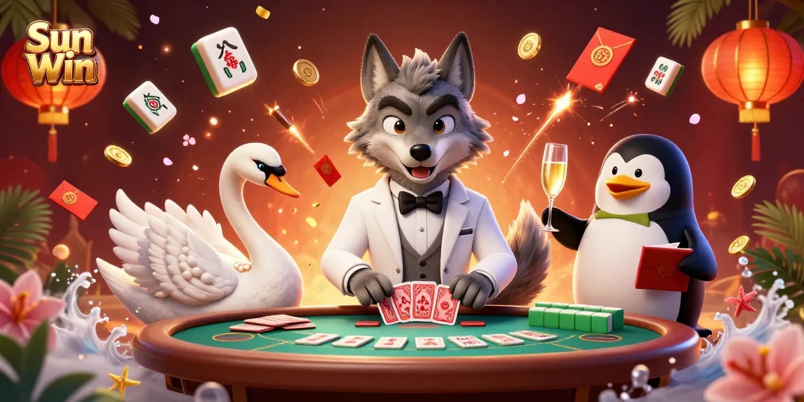 Engage with Sun Win's thrilling baccarat experience featuring our charming wolf dealer, elegant swan, and sophisticated penguin sommelier.