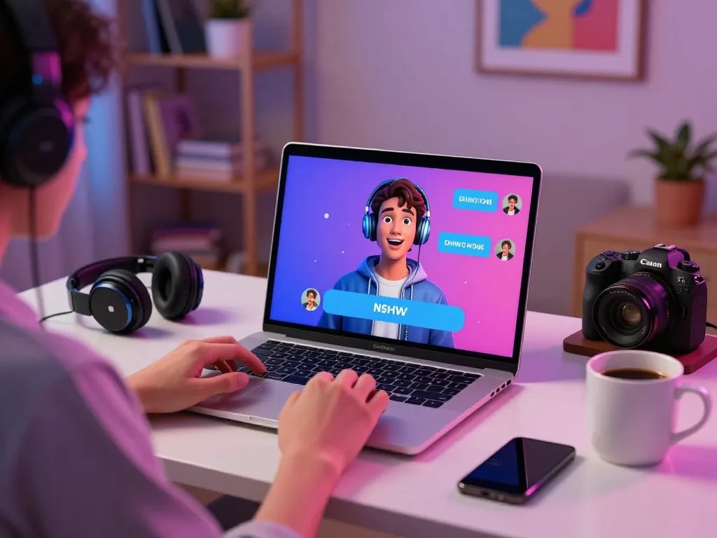 Engaging NSFW chat bot interaction in a cozy tech-savvy room