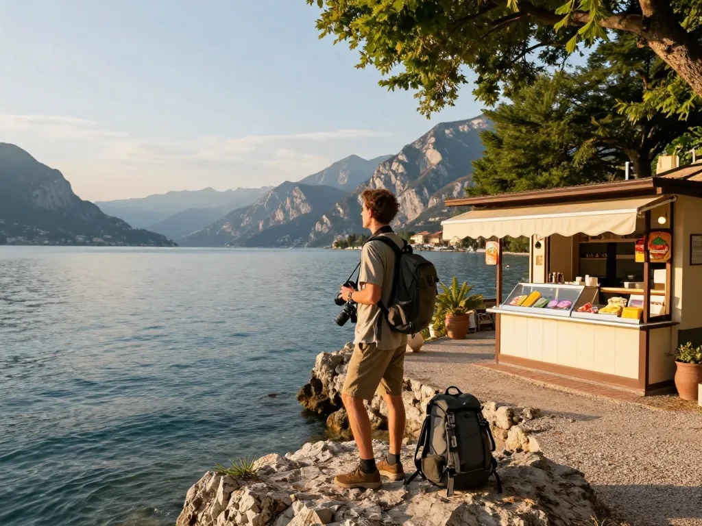 Reisender genießt Gardasee Reisetipps bei Sonnenuntergang mit Blick auf den malerischen See und die Berge.