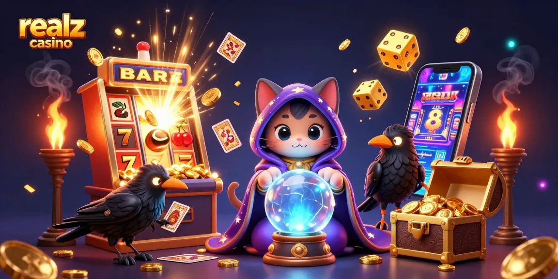 Spin the reels at realz casino with a captivating mystical scene full of treasures and excitement.