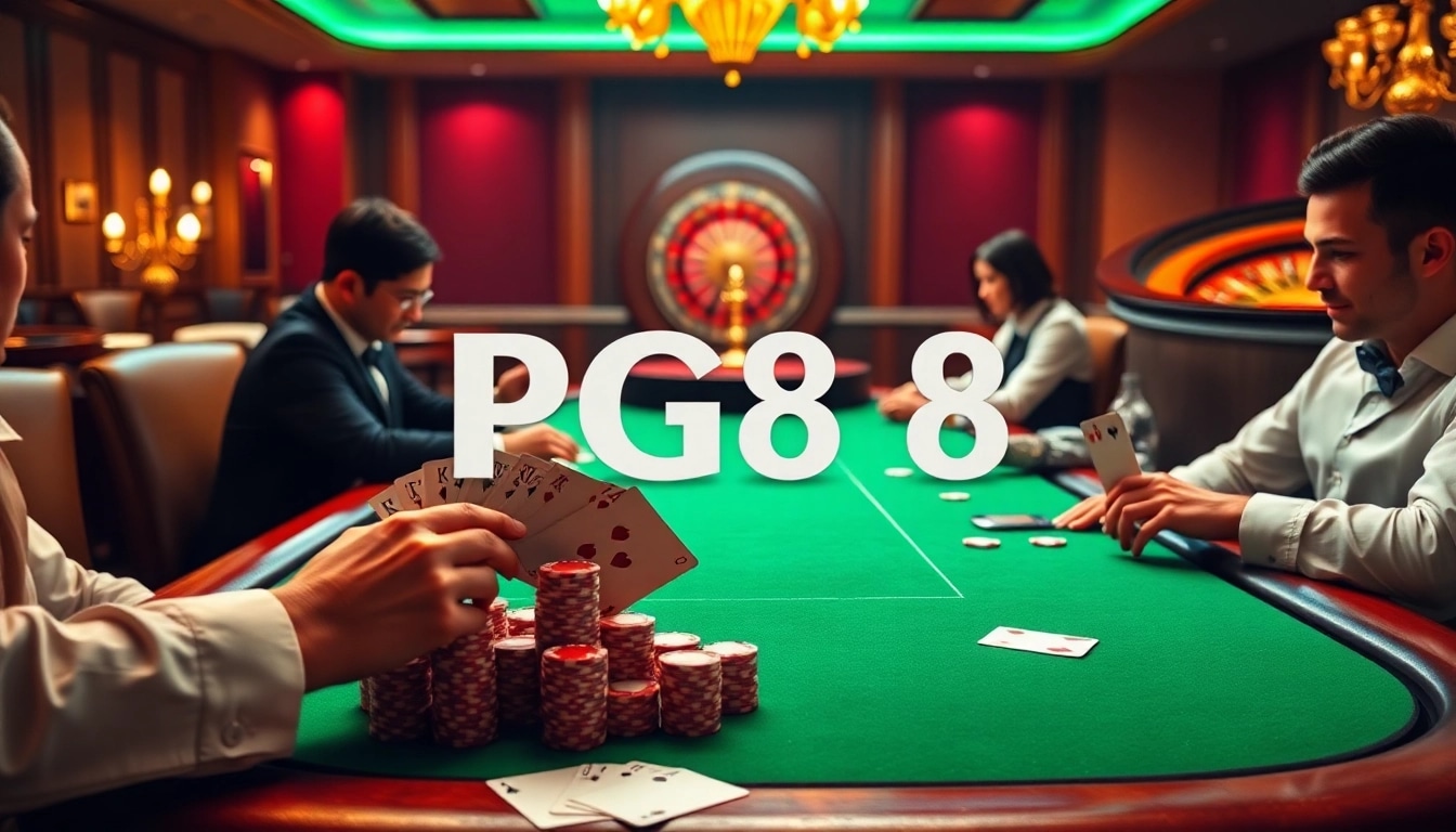 Engaged players strategizing at a luxurious PG88 poker table with vibrant chips and cards.