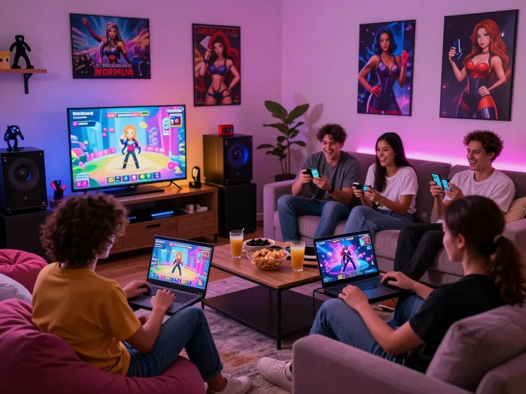 Friends enjoying free sex games on multiple devices in a cozy living room filled with vibrant gaming decor.