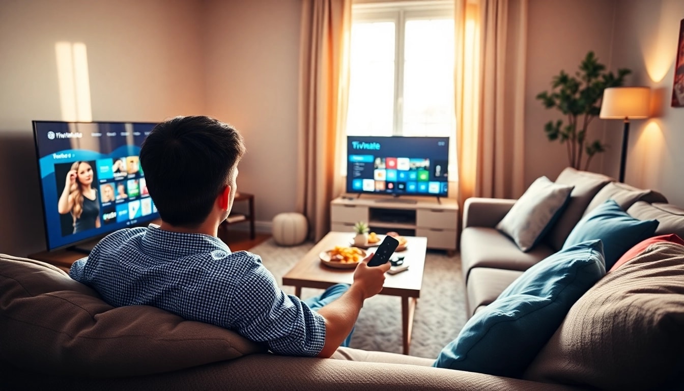 TiviMate IPTV Anleitung: Genießen Sie die Einrichtung mit TiviMate auf Fire TV Stick in einem gemütlichen Wohnzimmer.