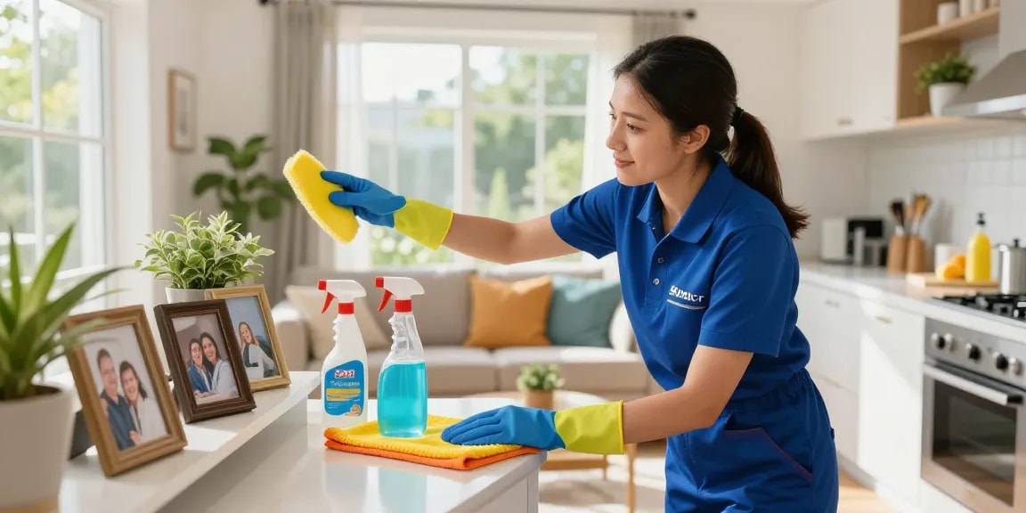 Expert residential cleaner showcasing reinigungsdienst bern excellence in a bright living room setting.