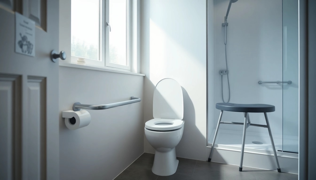 Barrierefreie Badezimmer-Accessoires wie Hilfen für Bad und Toilette mit erhöhtem WC-Sitz und Haltegriffen.