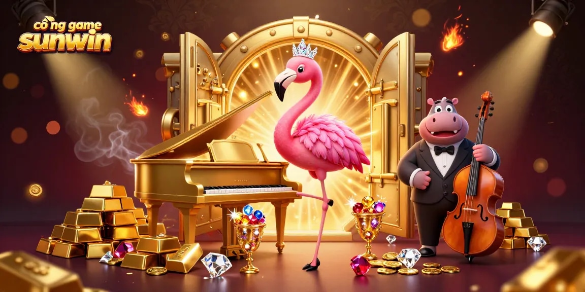 Engage with cổng game sunwin showcasing vibrant casino characters amidst gold treasures and dynamic energy.