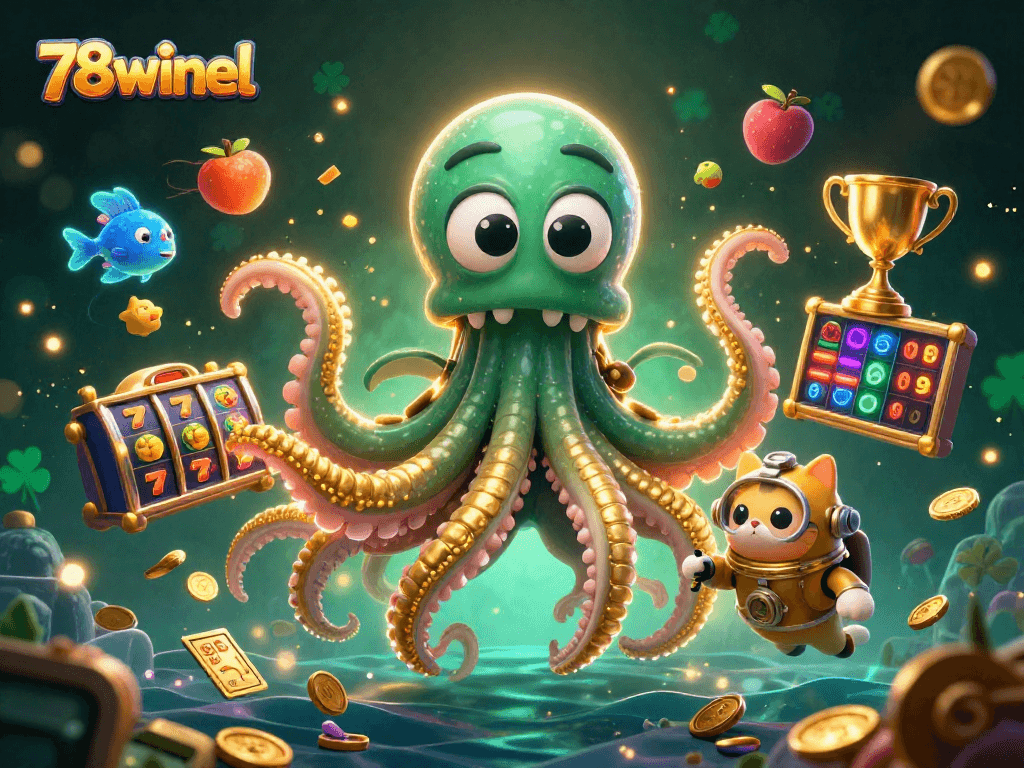 Engage in thrilling gameplay with 78winel's vibrant illustration showcasing jackpot symbols, a playful diving cat, and an enchanting kraken.