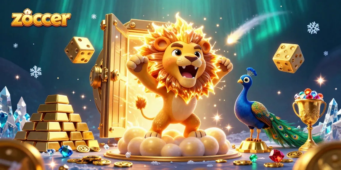 Experience the excitement of zoccer with golden treasures and lively casino characters in this vibrant 3D illustration.