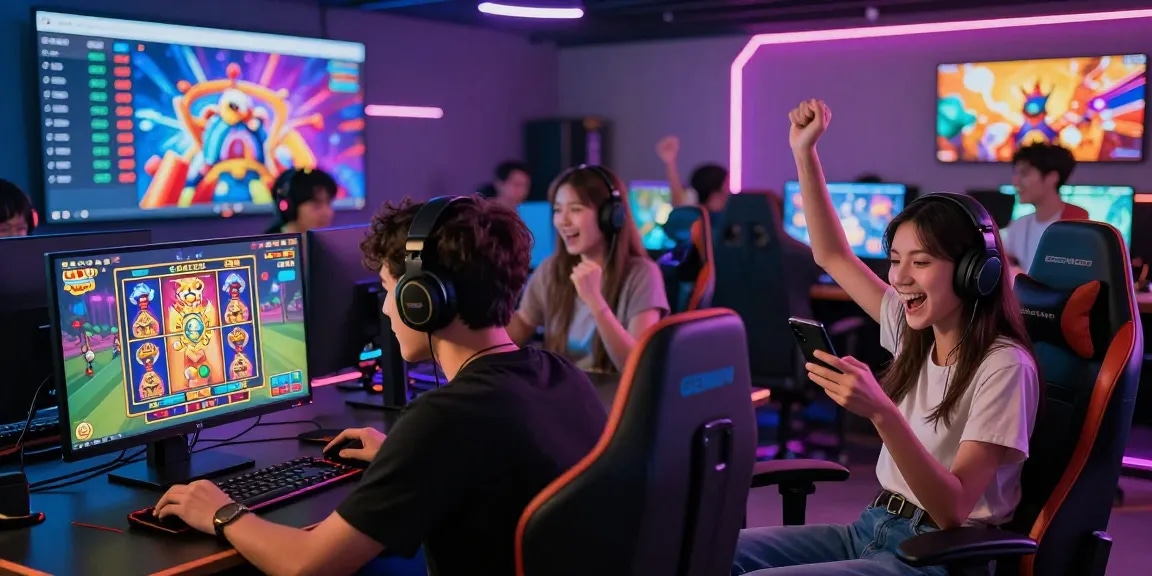 Engaging online gaming scene at https://gemwin.pics/, showcasing diverse players celebrating wins and enjoying interactive games in a vibrant atmosphere.