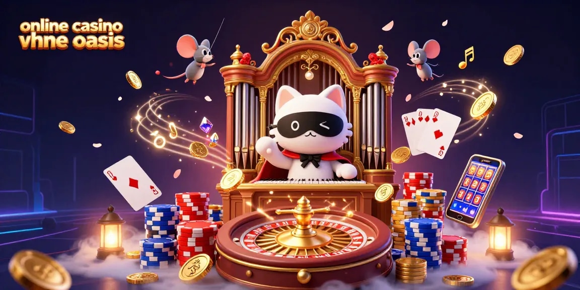 Experience the thrill of gaming at an online casino ohne oasis with a whimsical 3D illustration of a phantom cat and mouse acrobat.