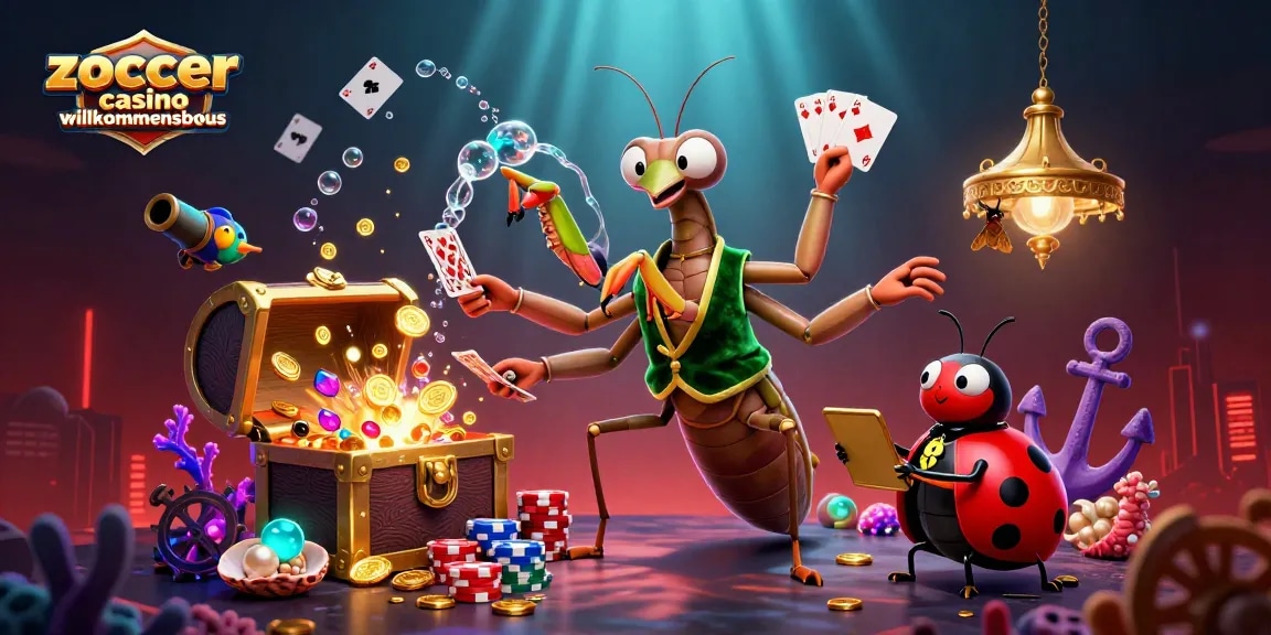 Erlebe den Zoccer Casino Willkommensbonus mit dieser bunten 3D-Illustration von Glücksspielen.