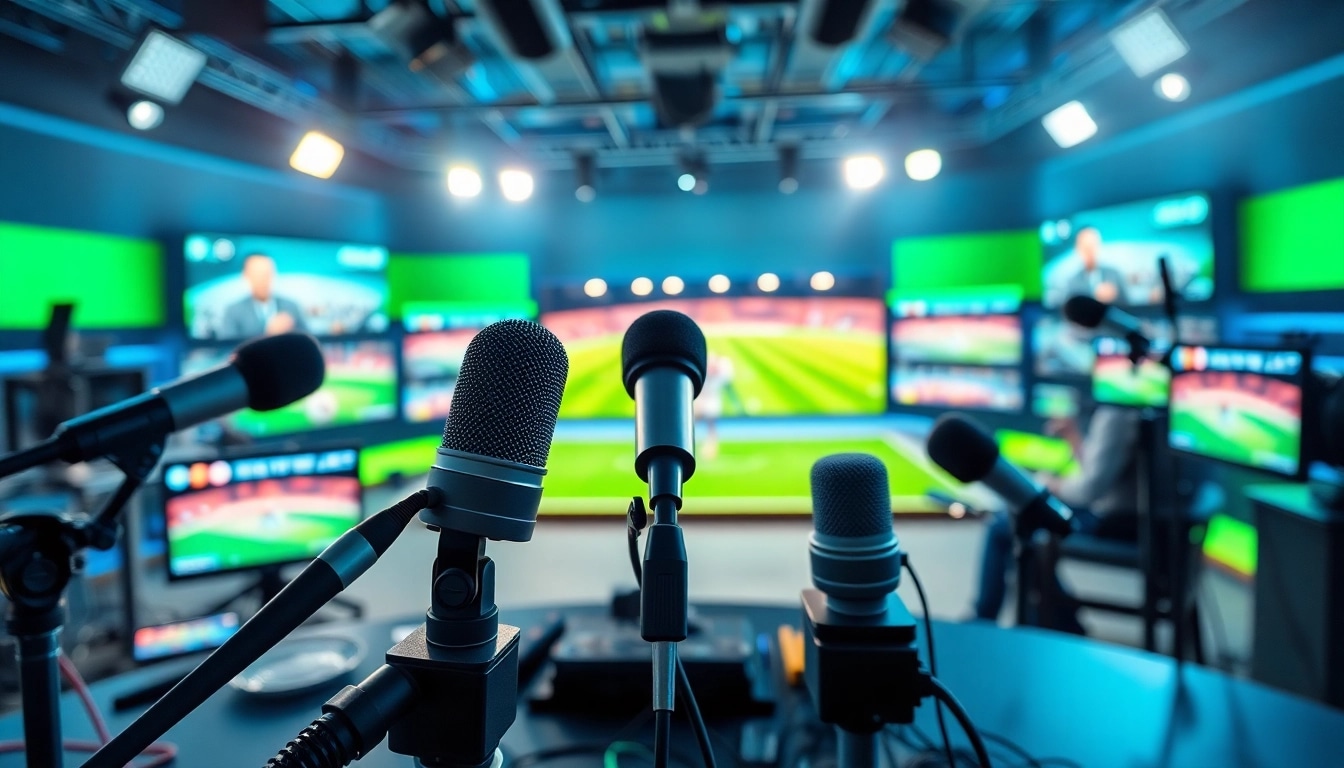 Sports Broadcasting professionals engaging audiences in a vibrant studio setup.