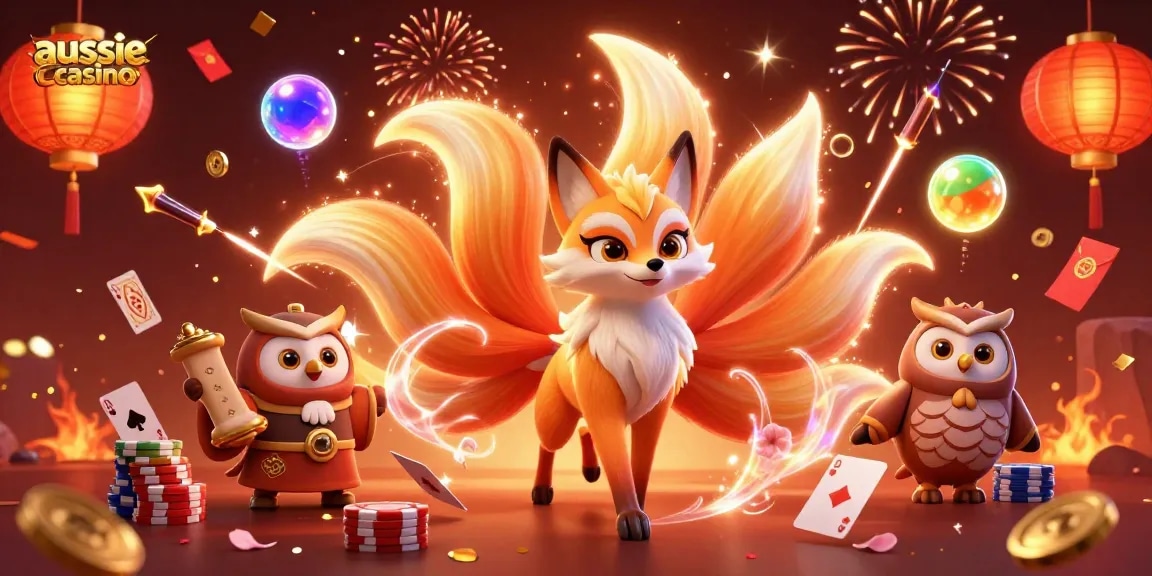 A dancing fox spirit and a wise owl portray the vibrant essence of aussie casino gaming with poker elements.