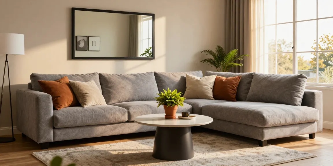Wunderschön gestaltetes Wohnzimmer mit einem stilvollen grauen Sofa, das hochwertige Möbeloptionen für Möbel online kaufen präsentiert.