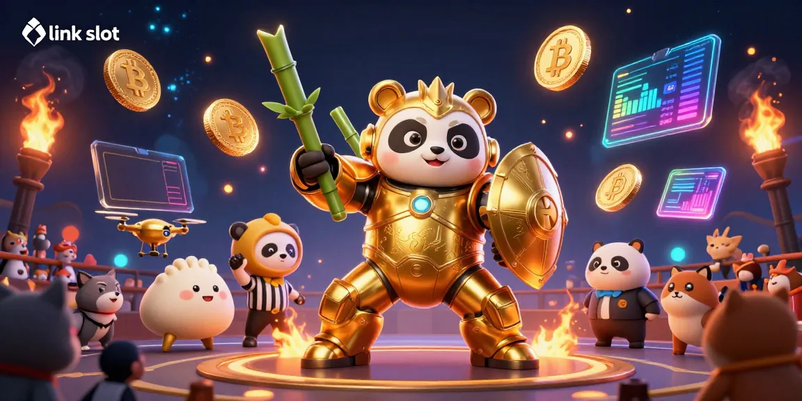 Experience the excitement of link slots, featuring 3D golden panda and vibrant crypto visuals in a dynamic casino arena.