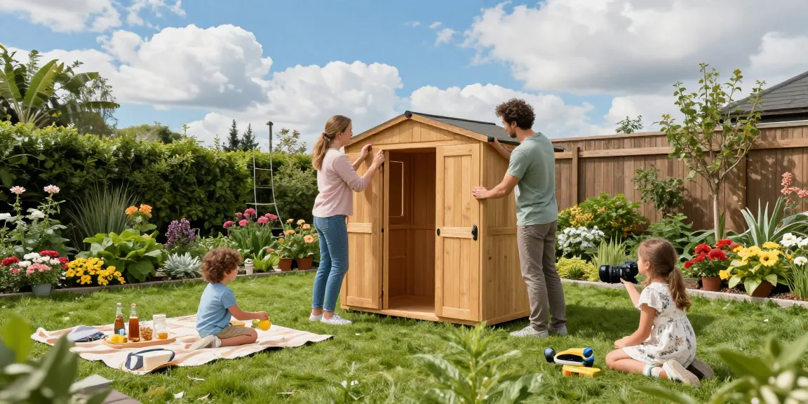 Gartenhaus kaufen: Familie genießt den Aufbau eines Gartenhauses von McGarden24 im sonnigen Garten.