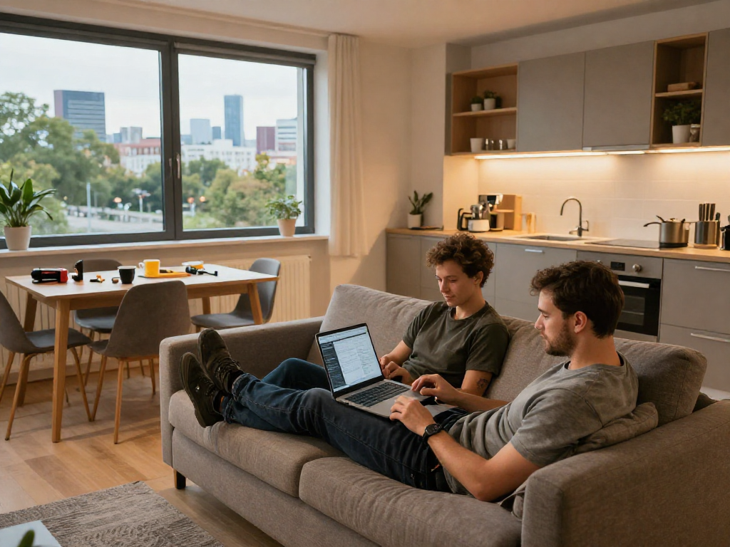 Gemütliche Monteurwohnung Hannover mit Arbeitern im Entspannungsbereich und moderner Küchenausstattung.