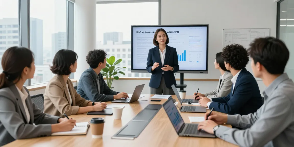 Professionals diskutieren über schwierige Führungskräfte in einem modernen Konferenzraum mit Datenanalysen.