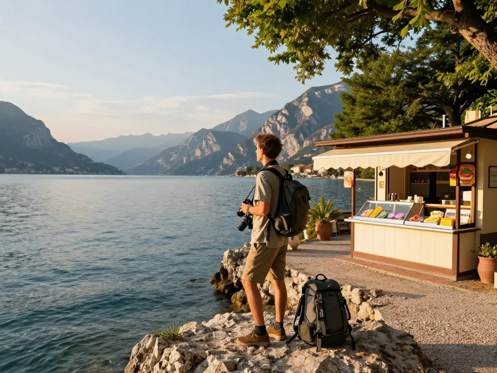 Reisender genießt Gardasee Reisetipps bei Sonnenuntergang mit Blick auf den malerischen See und die Berge.