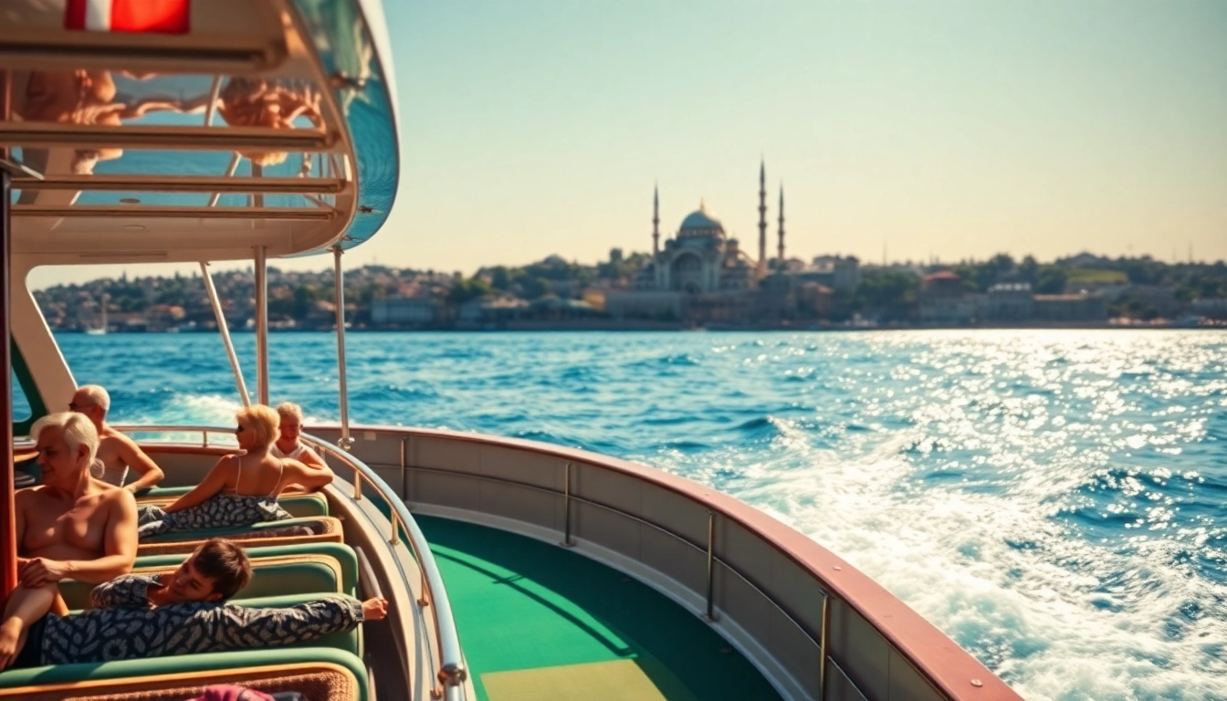 Bosphorus daytime cruise with passengers enjoying the warm sunlight and stunning scenery.